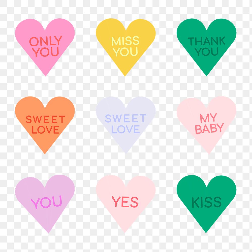 Heart shape stickers png transparent, cute love text set