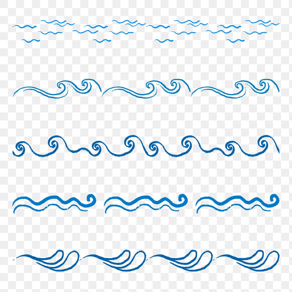 Sea wave border png sticker, transparent background, cute drawing design set