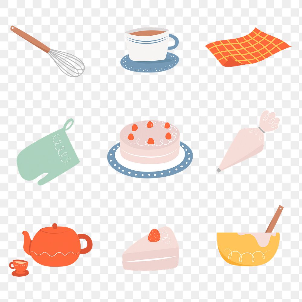 Baking tools & cakes png cute design transparent background set