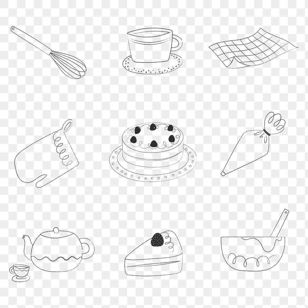 Baking tools & cakes png cute doodle design transparent background set