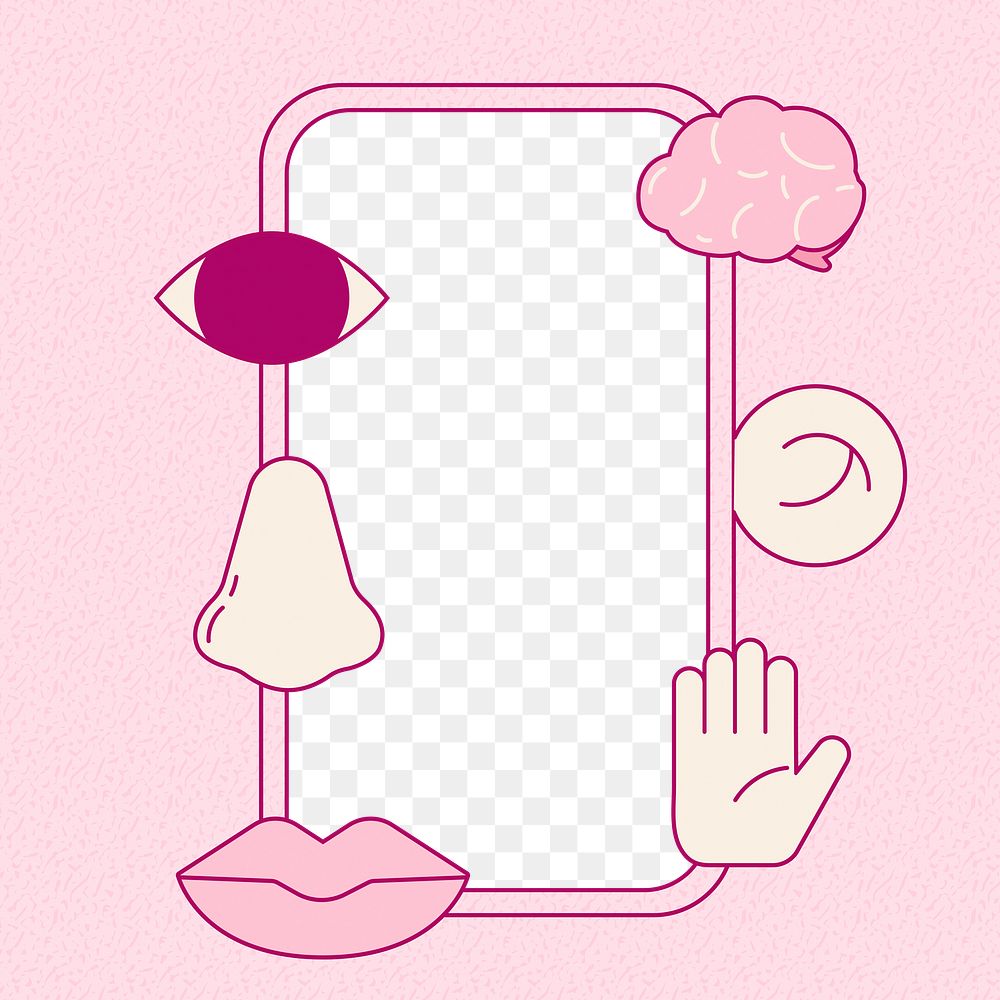 Cute png frame, five senses pink illustration transparent background
