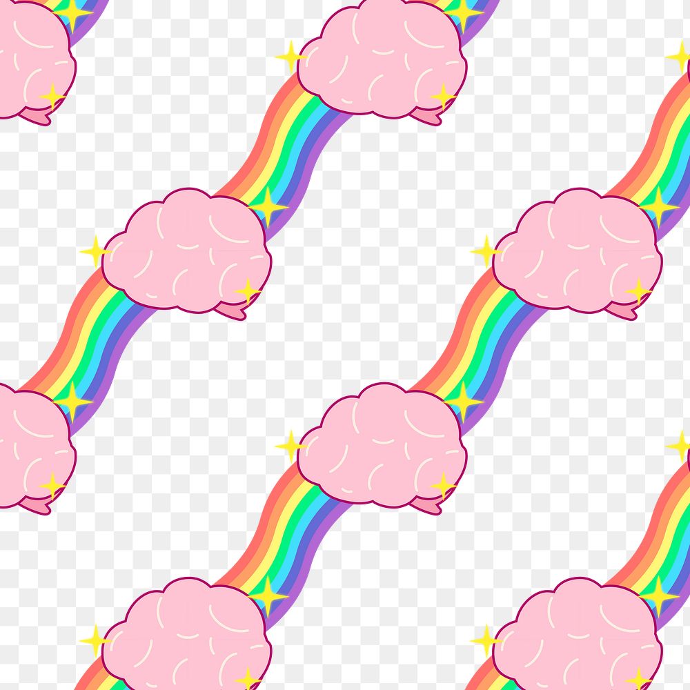 Rainbow pattern png transparent background, cute brain seamless design
