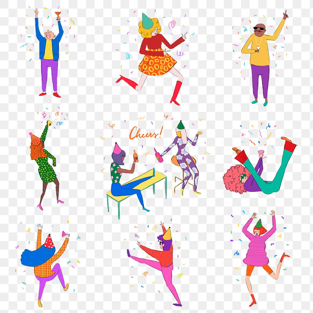 Cute party png sticker, drawing illustration, transparent background set