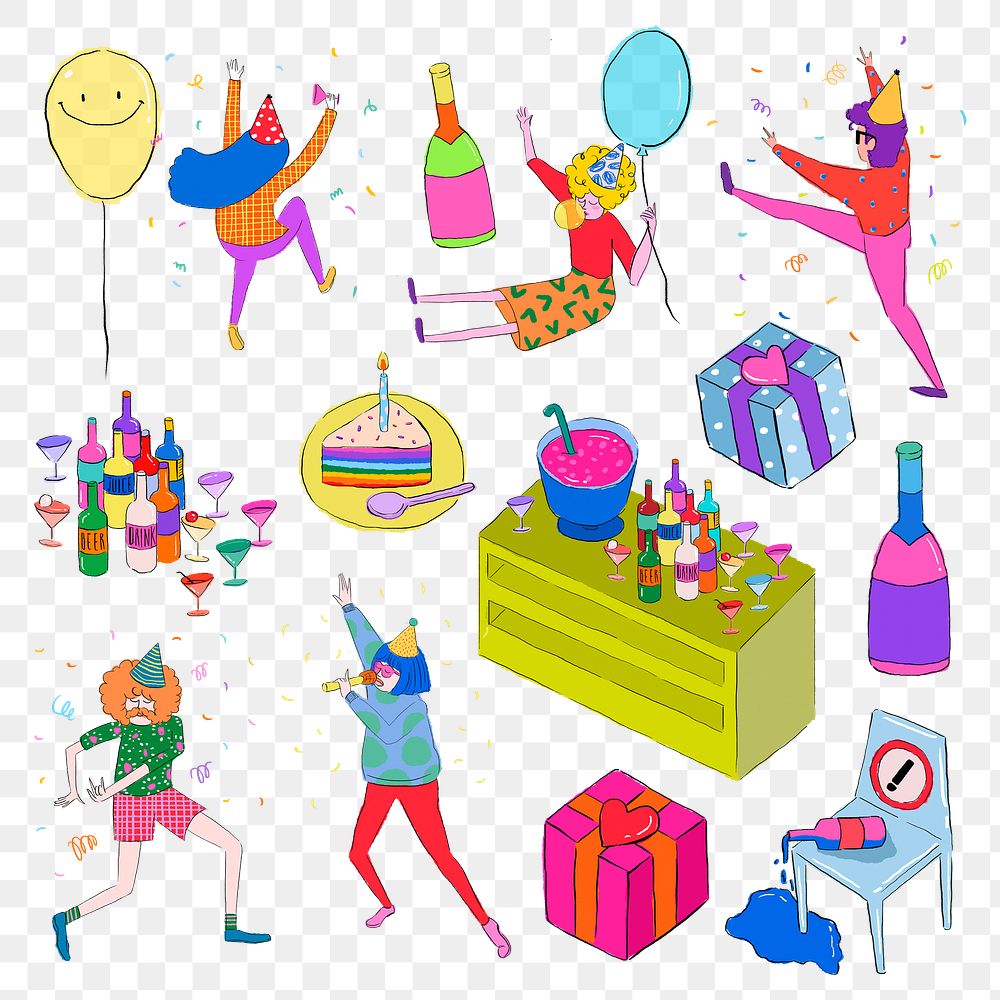 Cute party png sticker set, drawing illustration, transparent background set