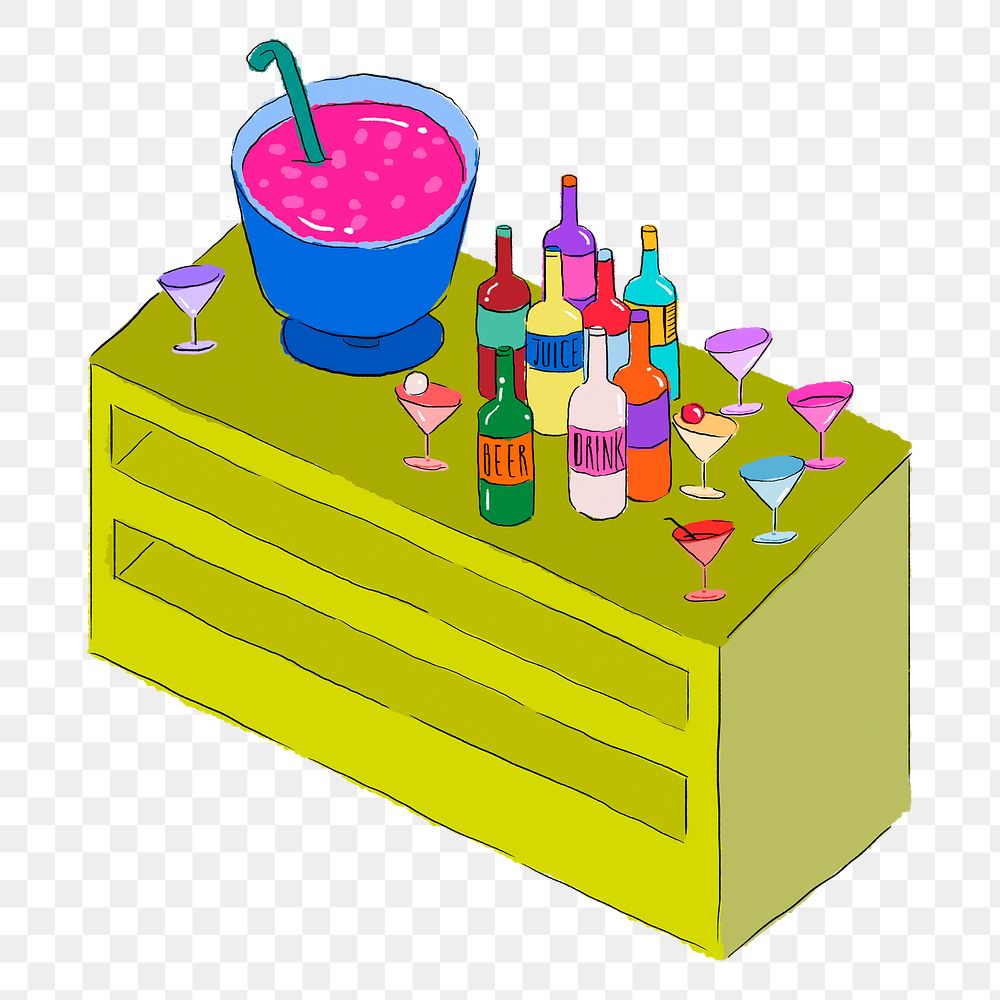 Drinks table png sticker, drawing illustration, transparent background