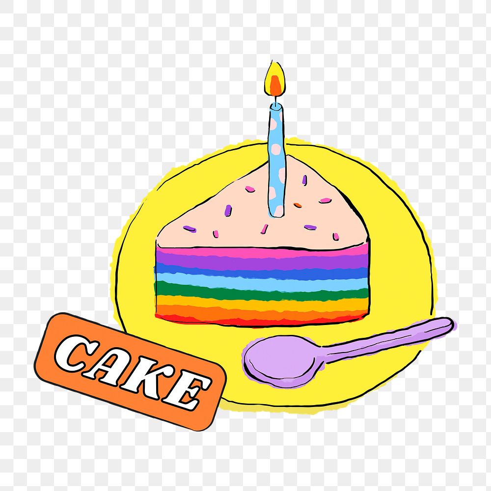 Birthday cake png word sticker, drawing illustration, transparent background