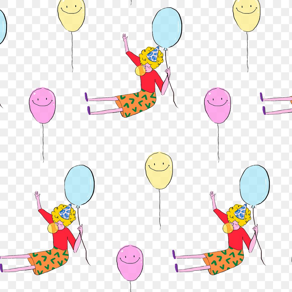 Girl & balloon pattern png background, drawing illustration, seamless design