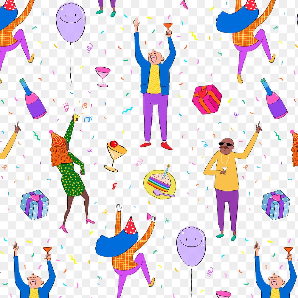 Partying cartoons pattern png background, drawing illustration, seamless design