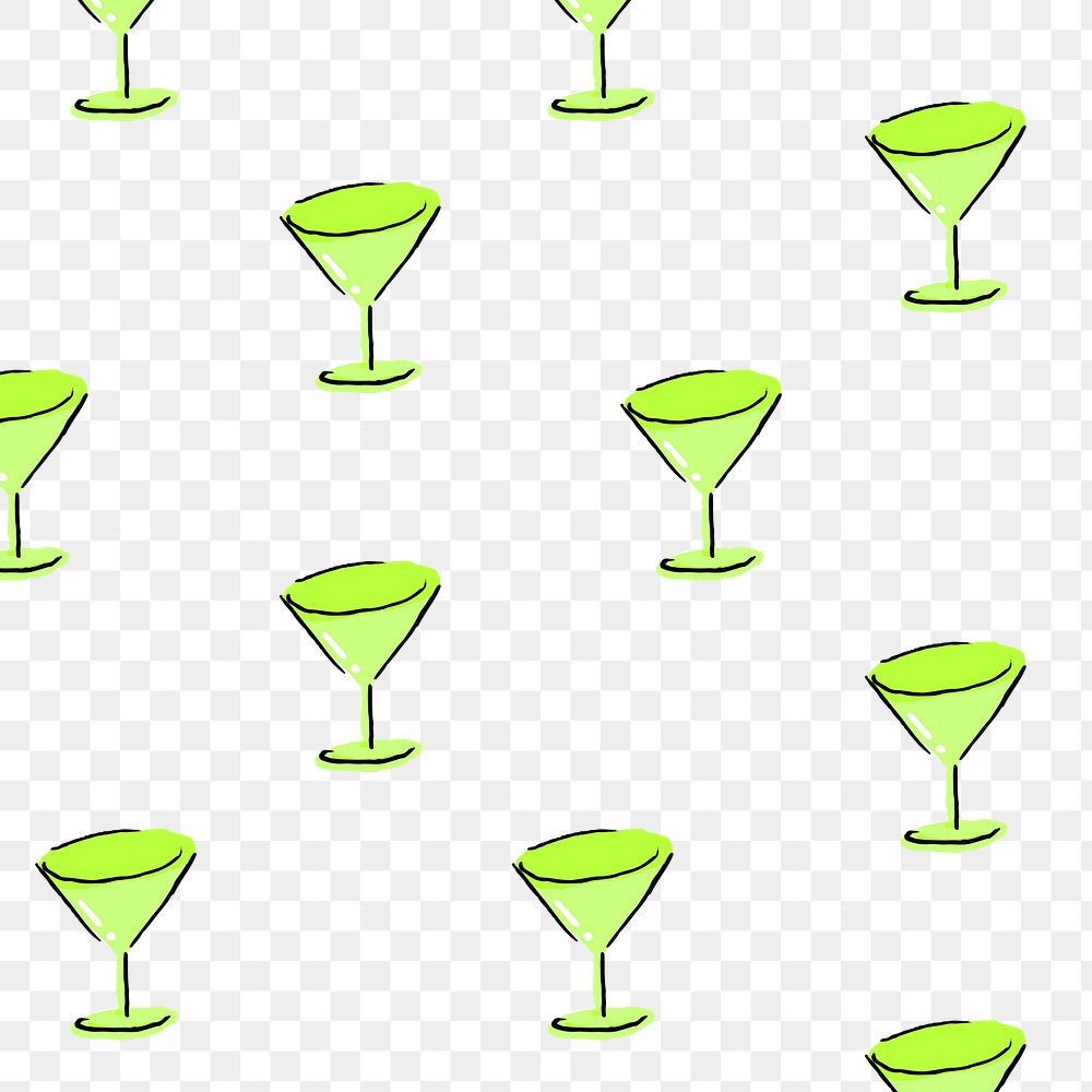 Green martini glass pattern png background, drawing illustration, seamless design