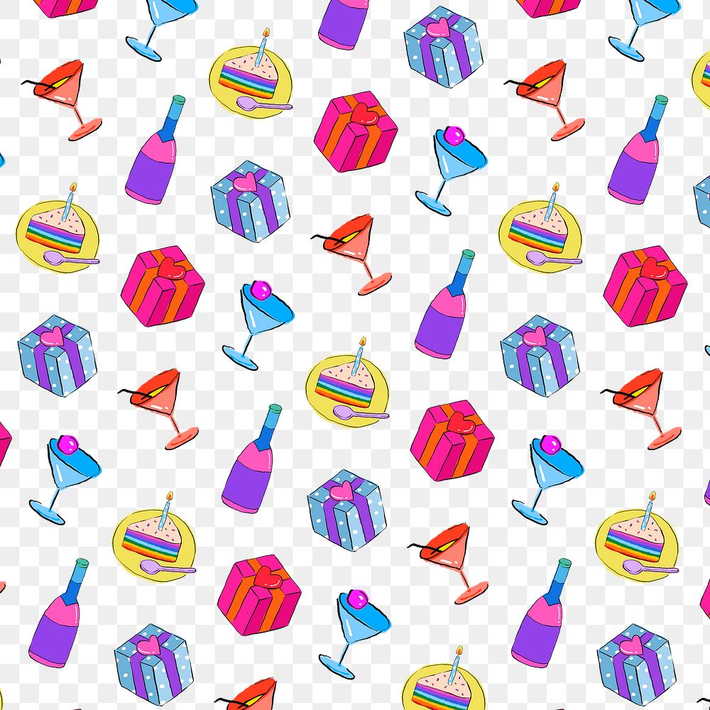 Birthday party pattern png background, drawing illustration, seamless design