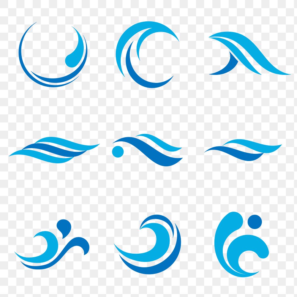 Sea wave png logo element sticker, blue modern flat design set on transparent background