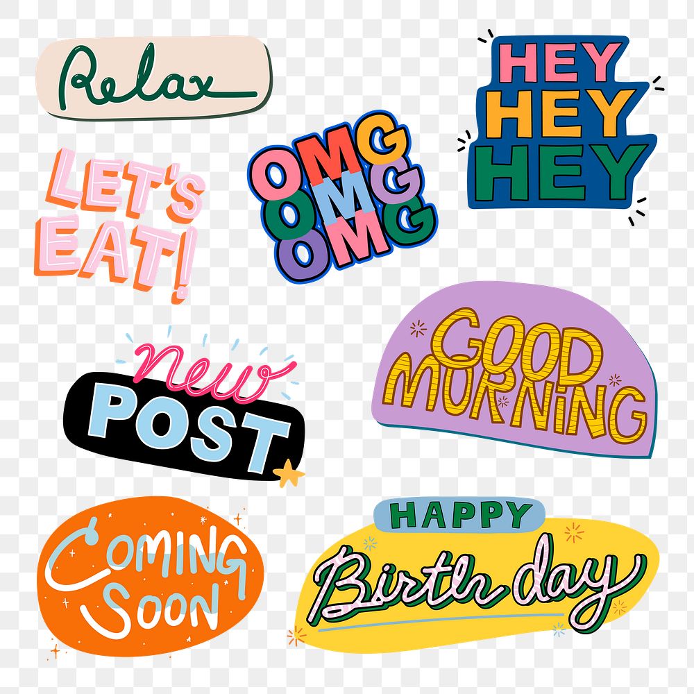 Typography png sticker, cute trending word collage element on transparent background collection