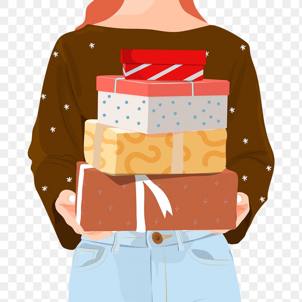 Birthday png, woman holding presents, celebration illustration design