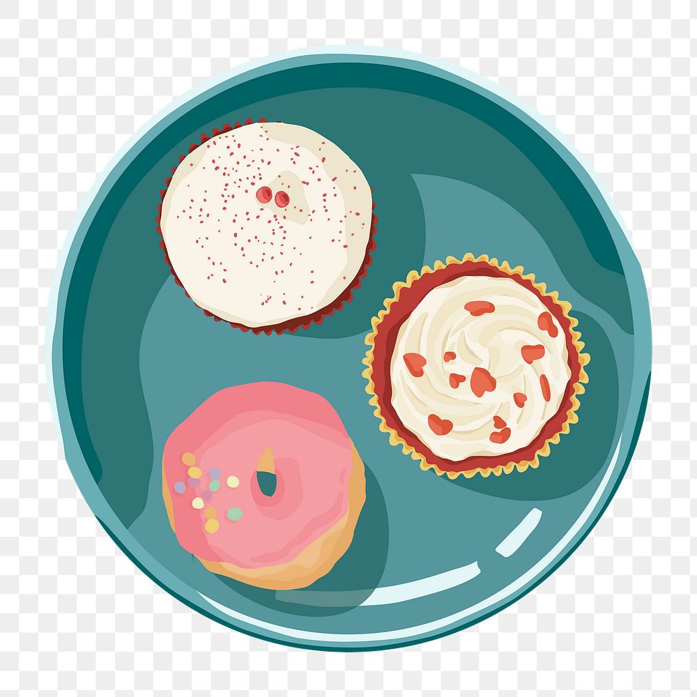 Dessert png, cupcakes and donut flat lay on green plate, food sticker illustration