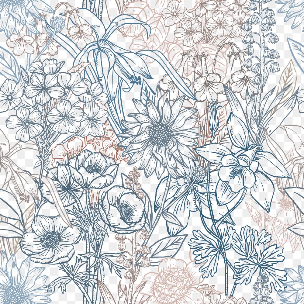 Seamless flower pattern png collage element, line art design, transparent background 