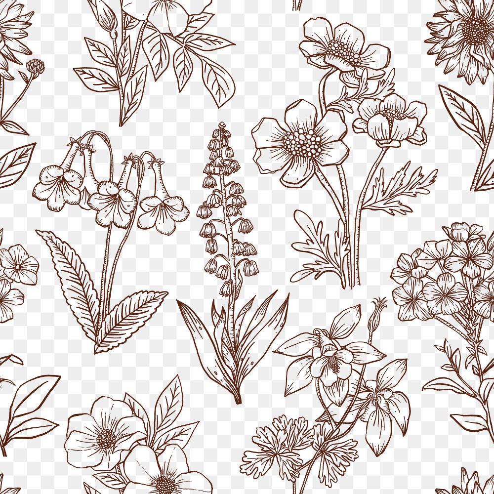 Seamless flower pattern png collage element, line art design, transparent background 