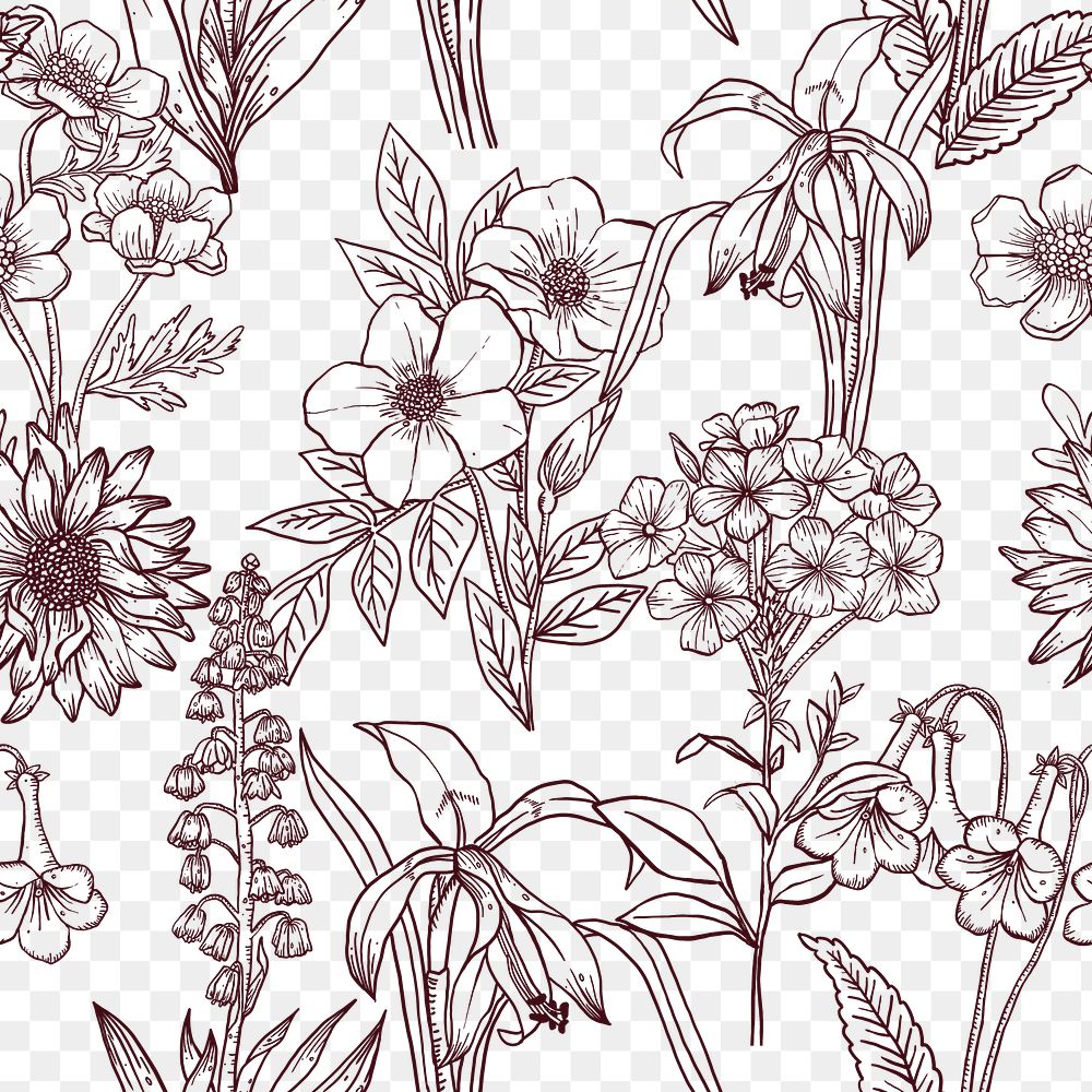Png floral seamless pattern, hand drawn collage element, transparent background