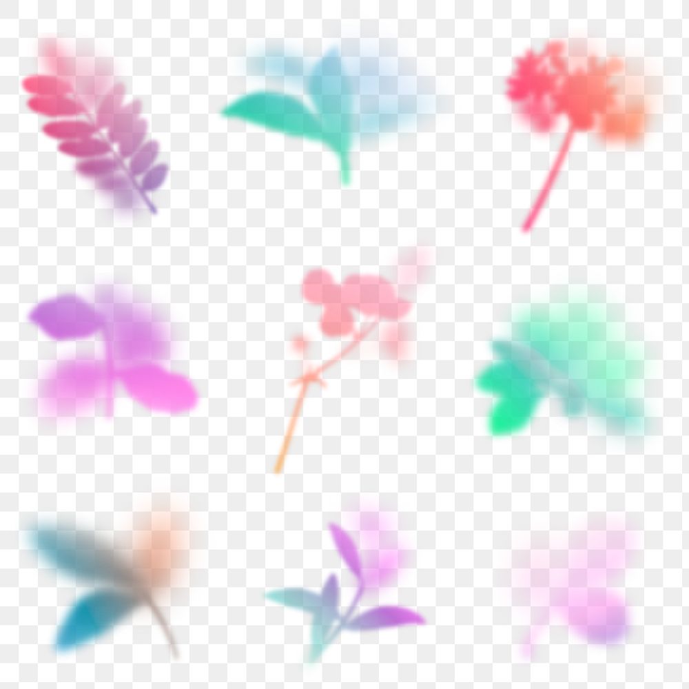 Multicolored botanical png elements, gradient floral stickers