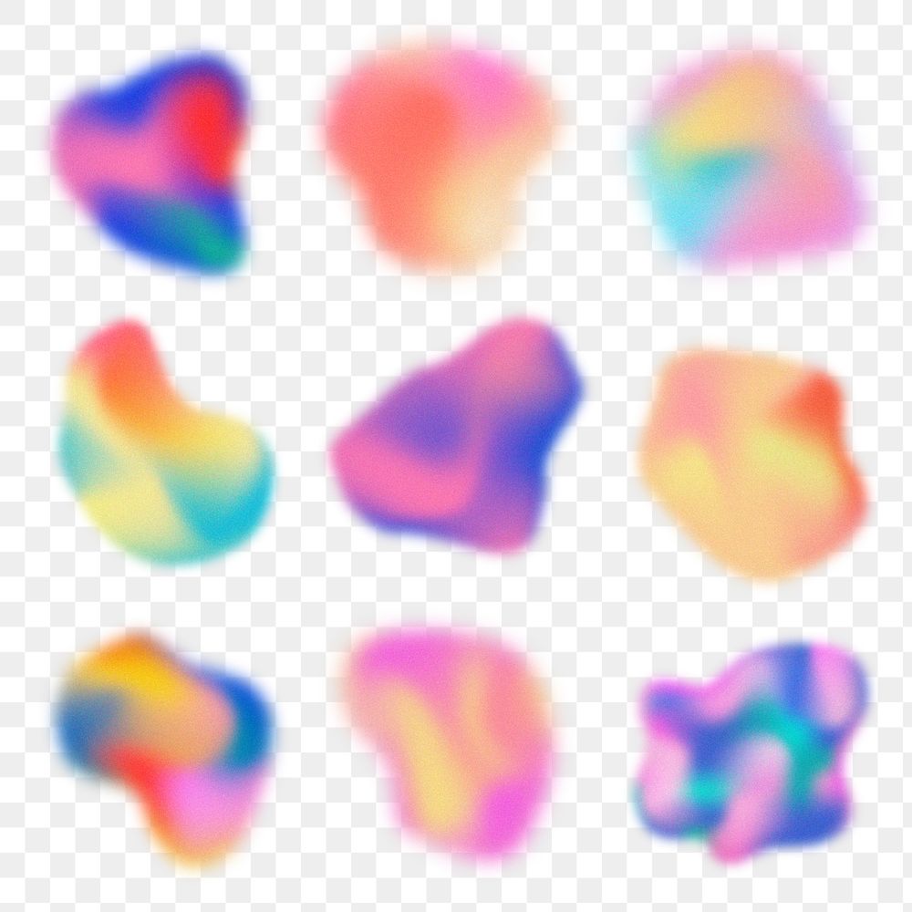 Blob shape png stickers, abstract multicolored gradient design elements on transparent background