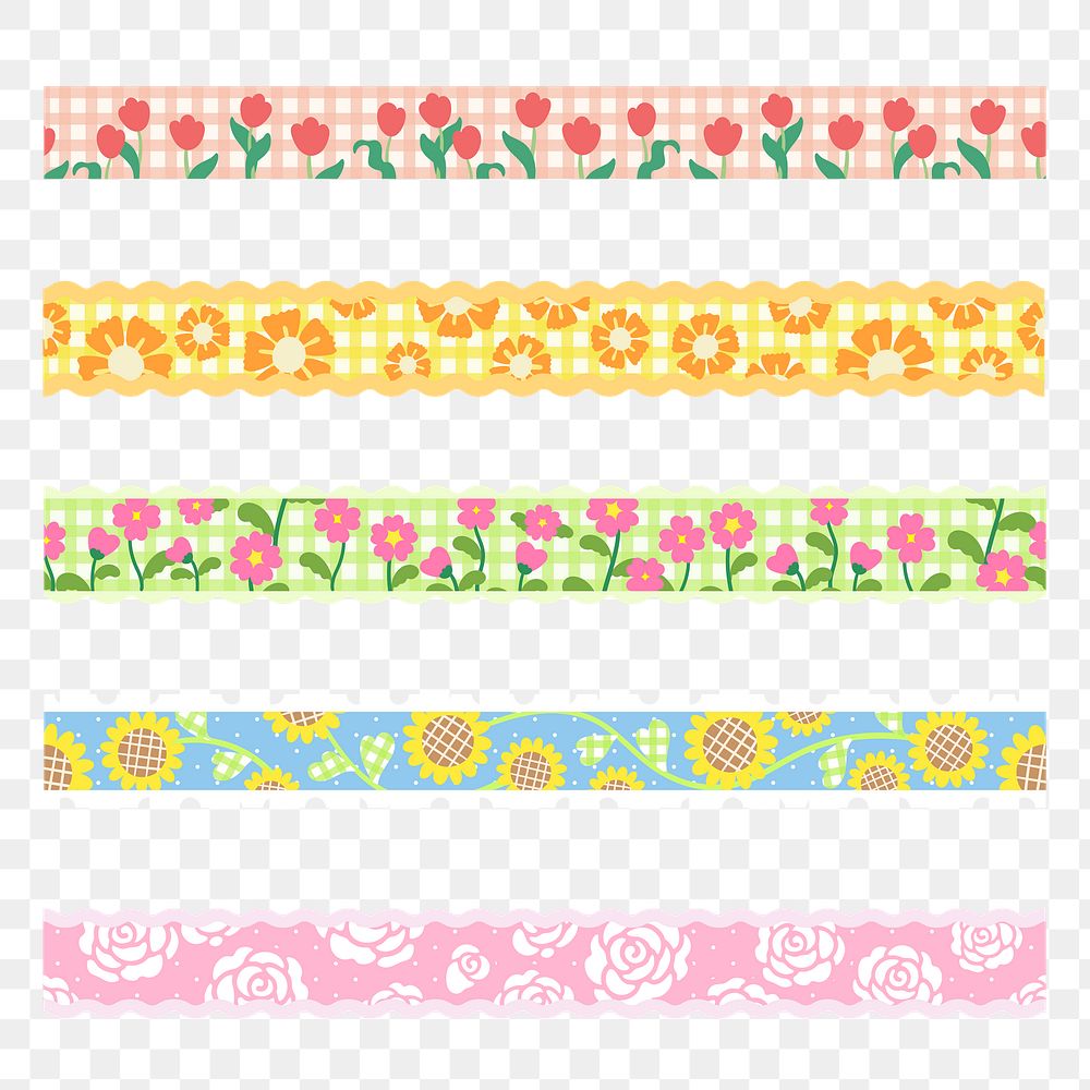 Cute floral border element png sticker set, pastel color design on transparent background