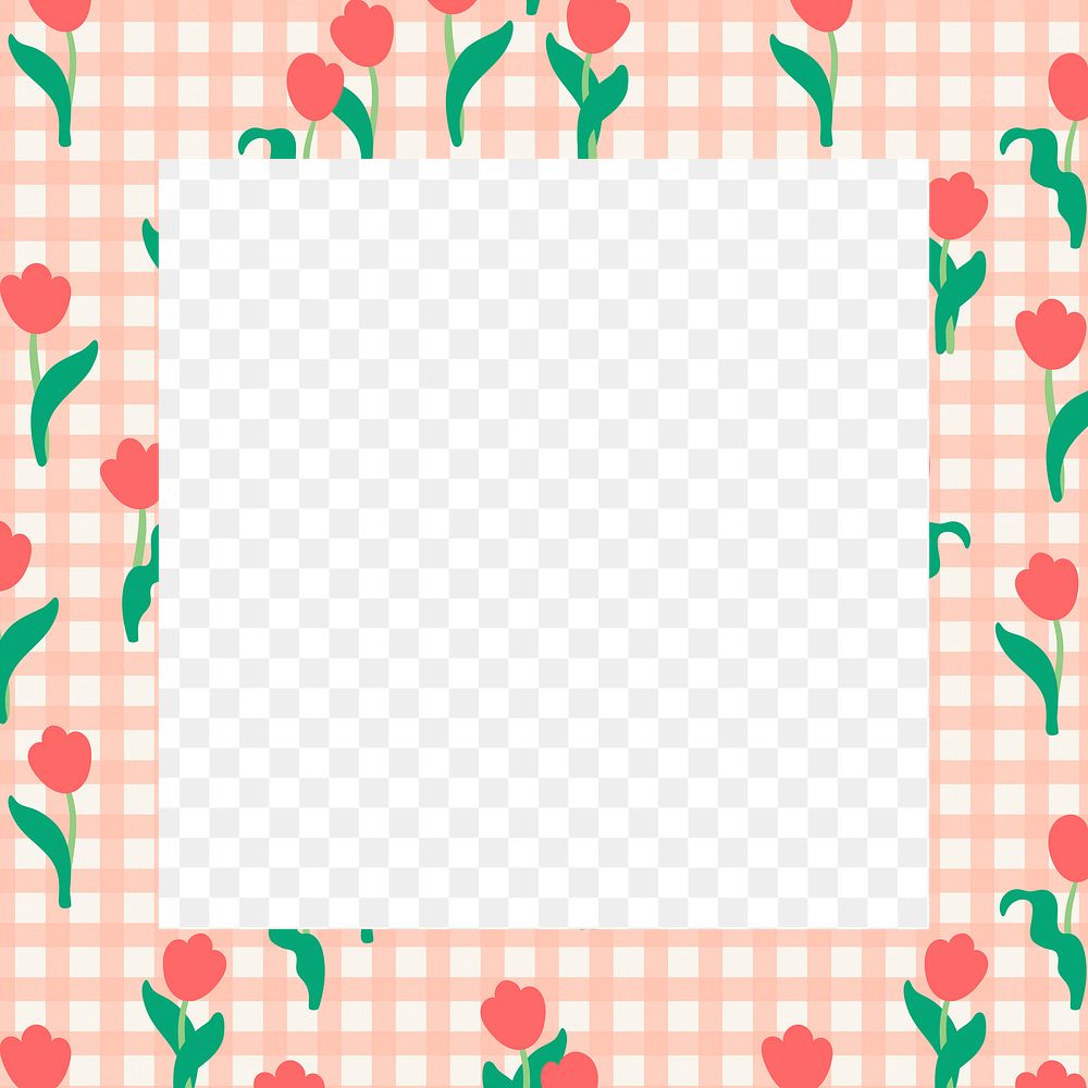 Pink png floral gingham frame, cute rose on transparent background