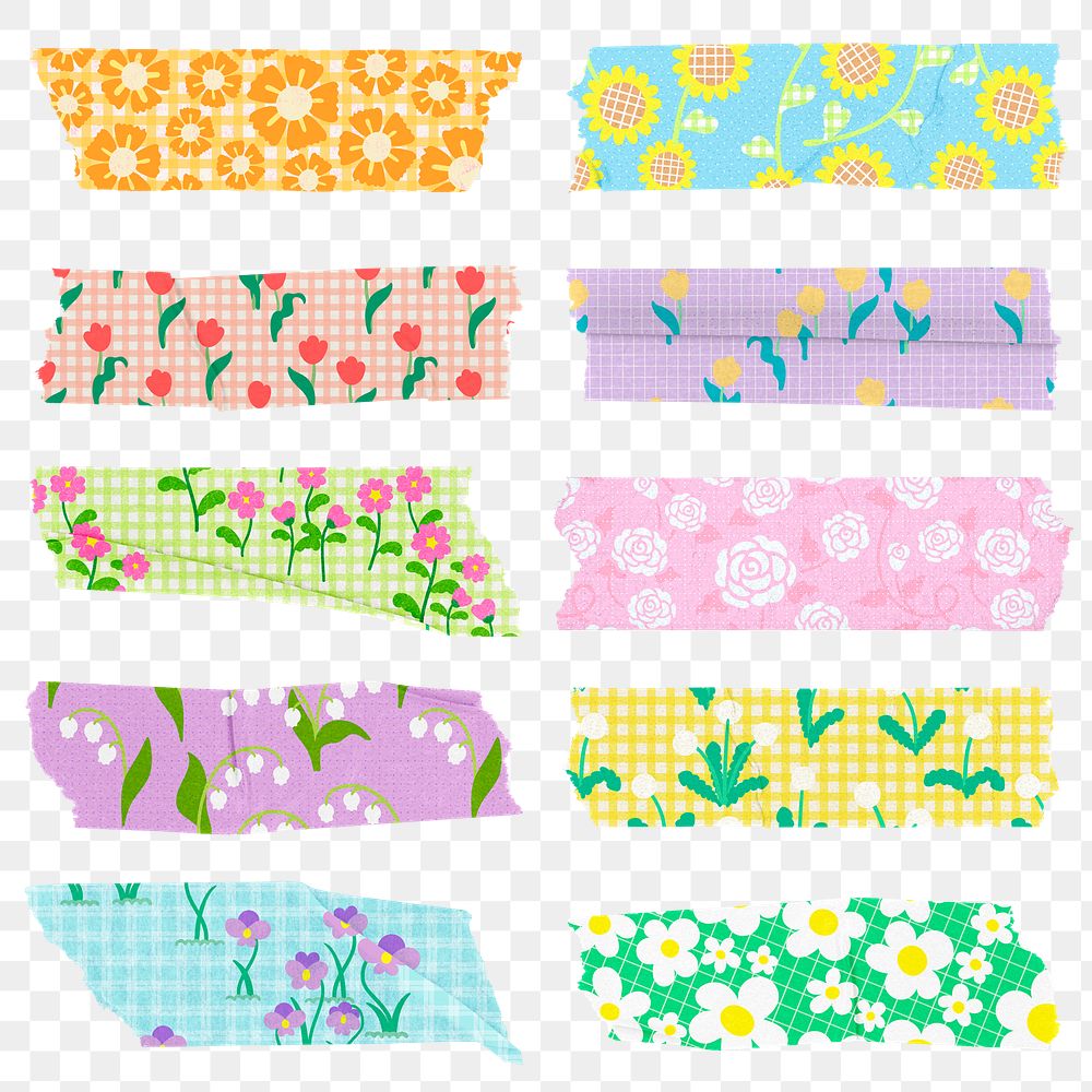 Floral washi tape png sticker, cute girly design, transparent background set