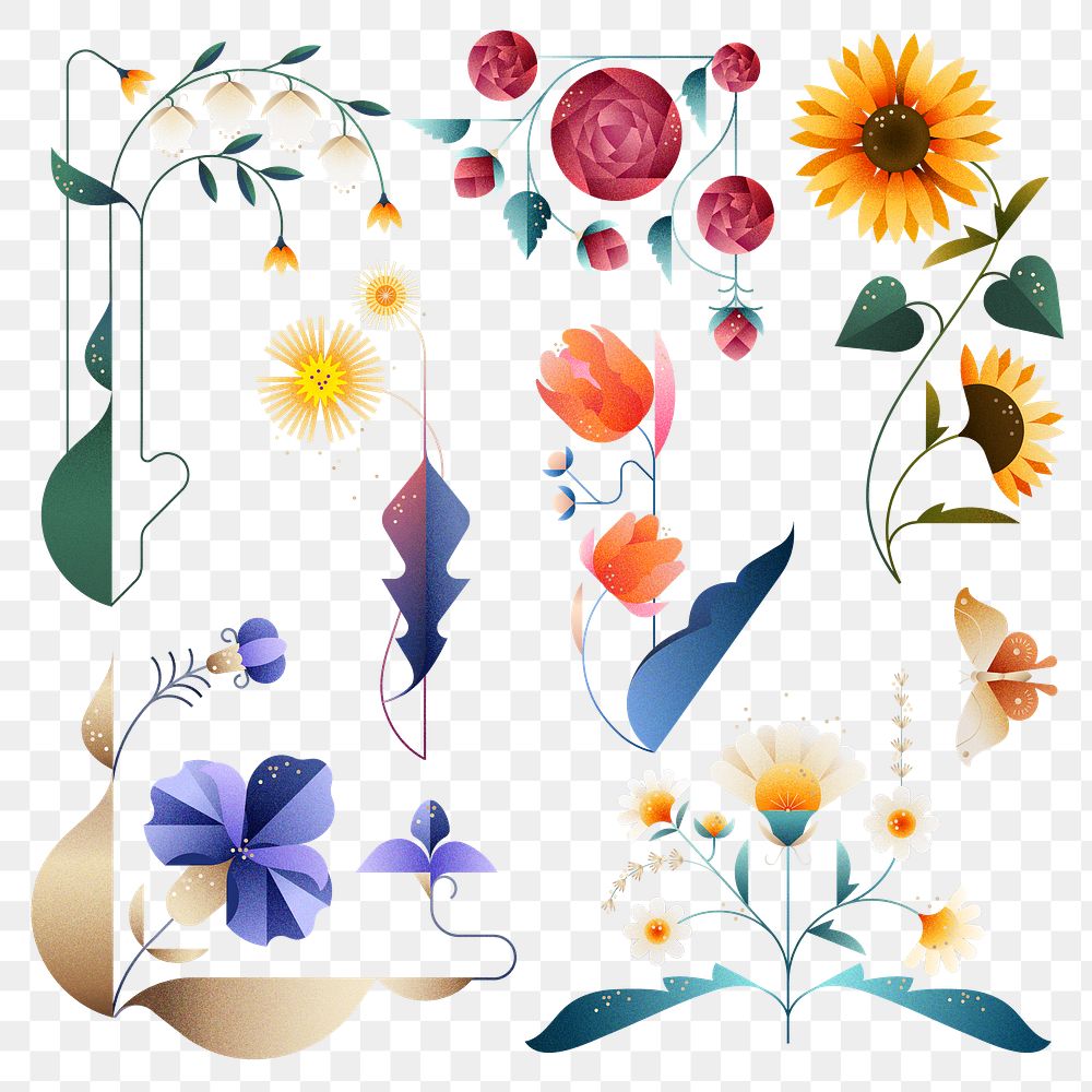 Flat flower png designs sticker set, paper craft, transparent background, aesthetic design