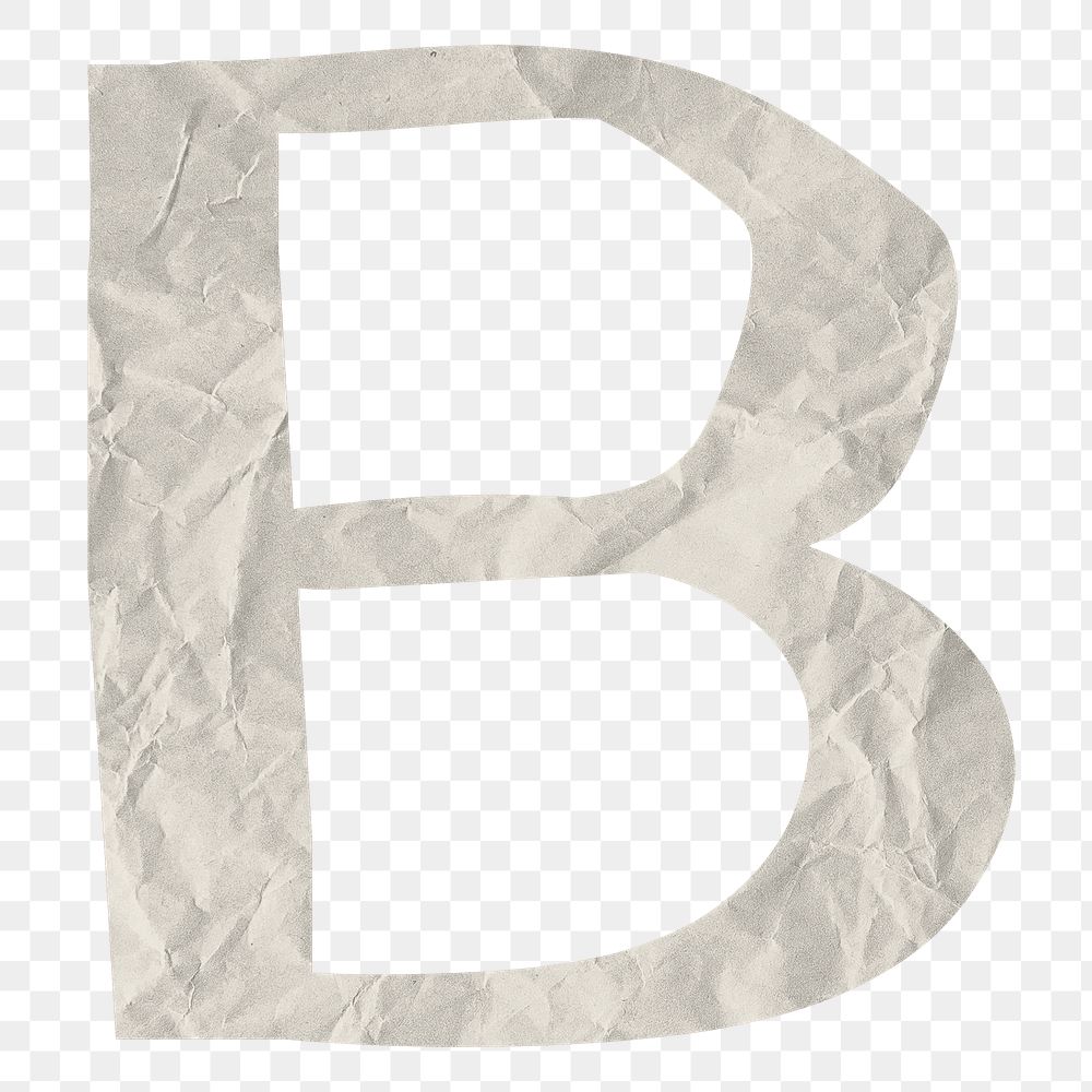 Capital B png element, white crumpled paper sticker on transparent background