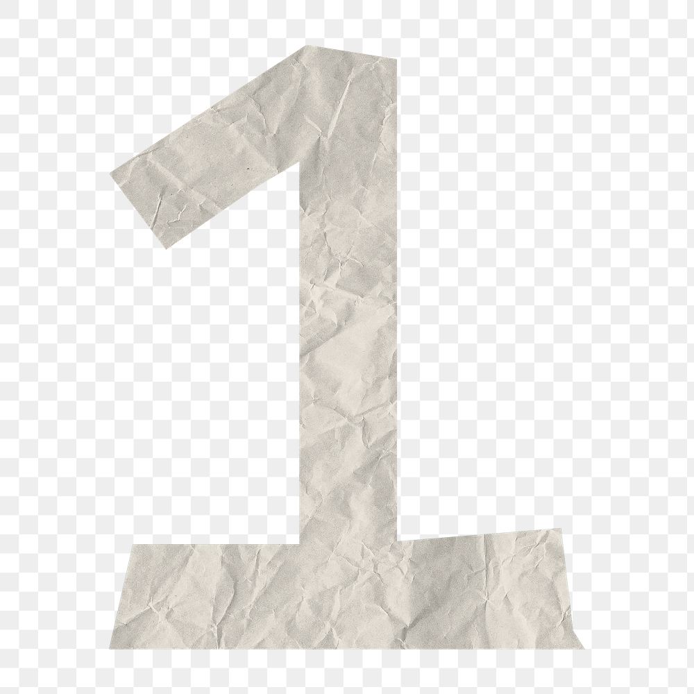 Number 1 png element, white crumpled paper sticker on transparent background
