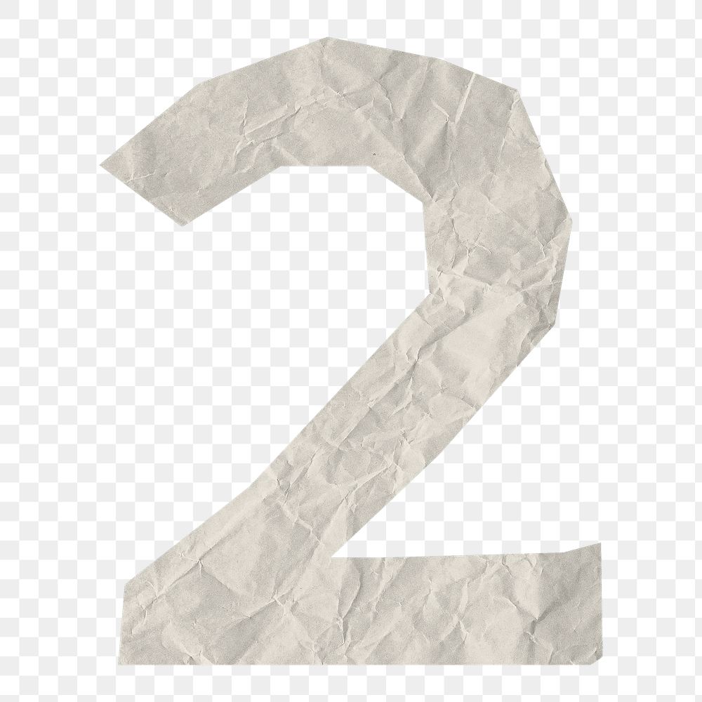 Number 2 png element, white crumpled paper sticker, transparent background
