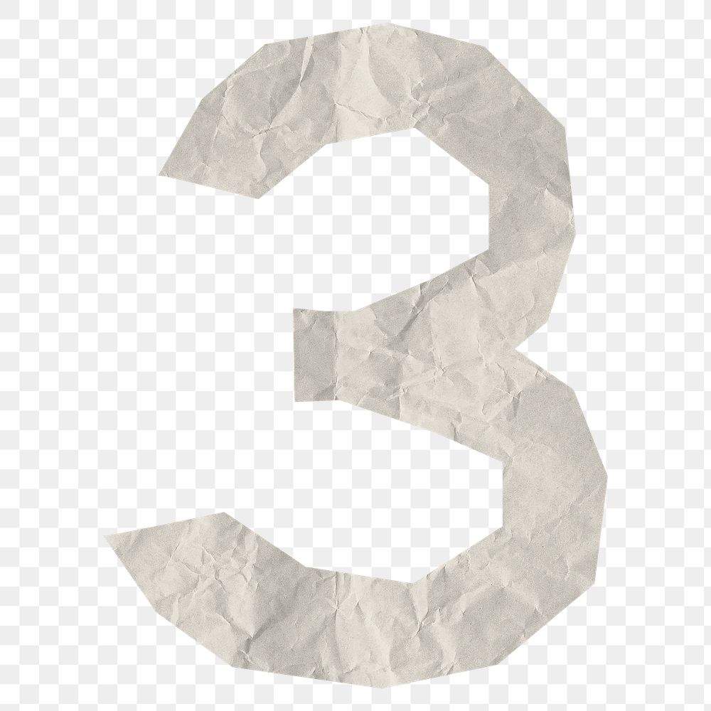 Number 3 png element, white crumpled paper sticker on transparent background