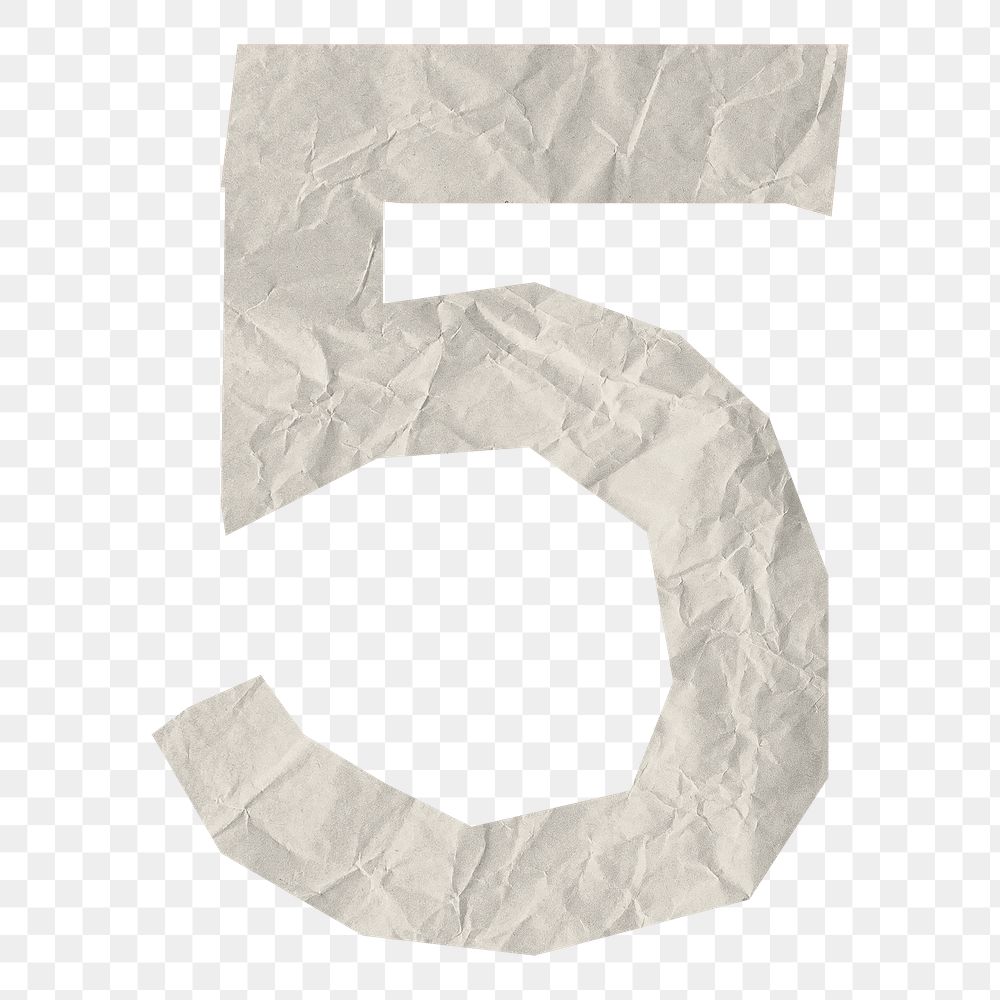 Number 5 png element, white crumpled paper sticker, transparent background
