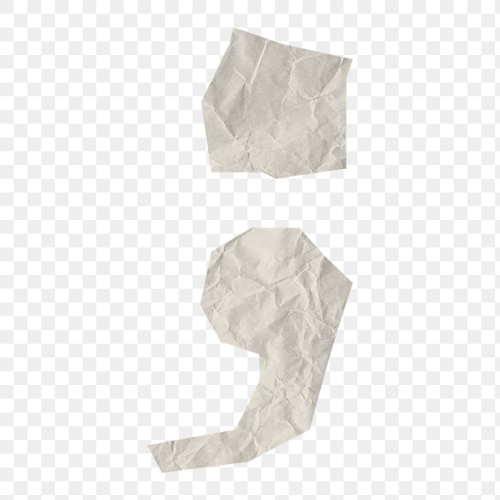 Semicolon png element, white crumpled paper sticker, transparent background