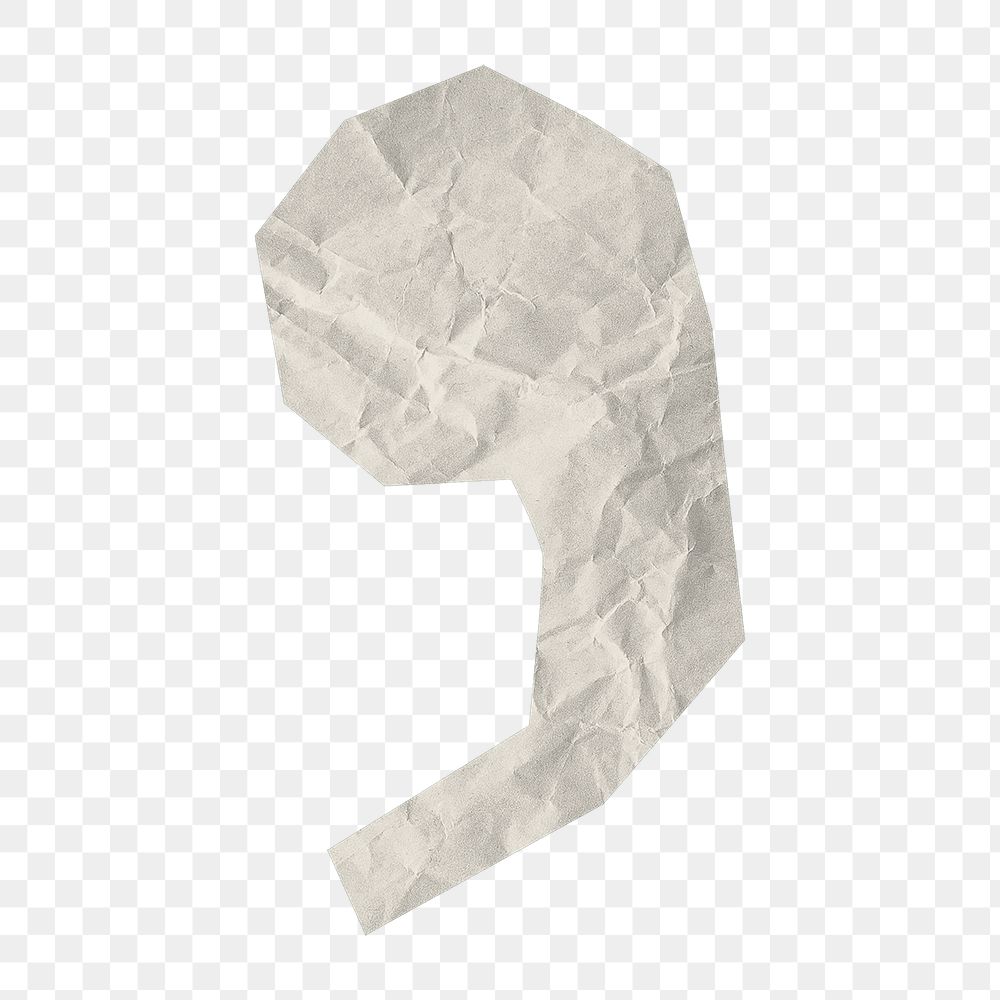 Comma png element, white crumpled paper sticker on transparent background