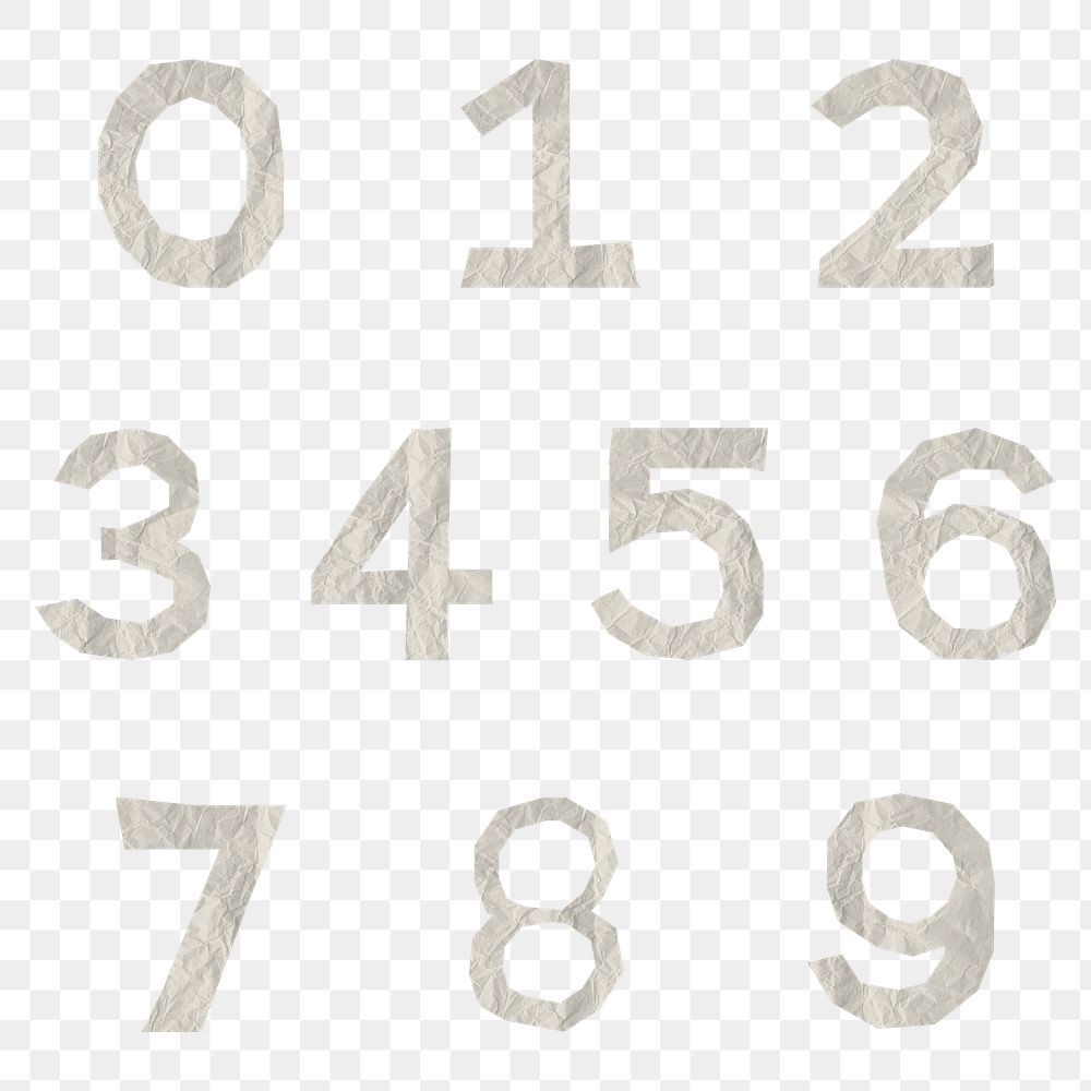 Png paper texture numbers elements, paper craft numbers set