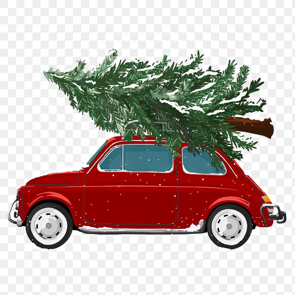 Christmas car png sticker, tree hauling on roof