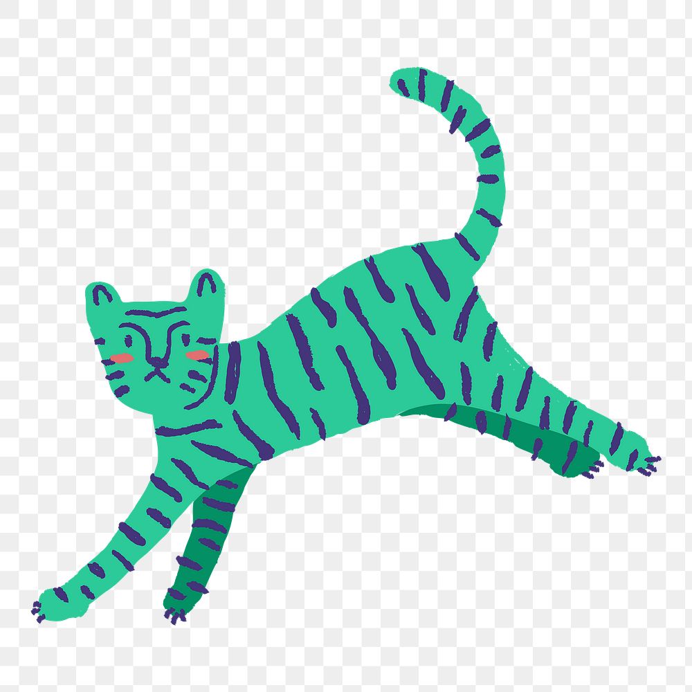 Tiger doodle png sticker, green animal in cute design on transparent background
