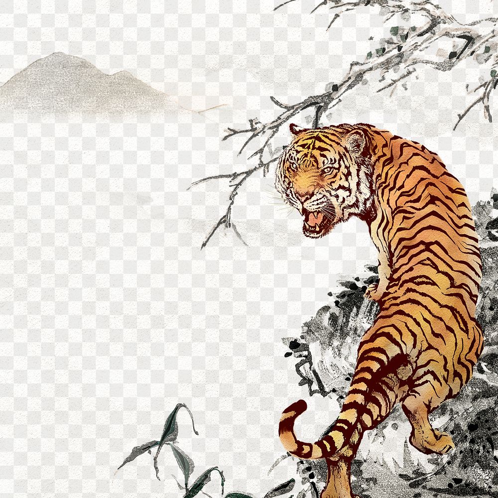 Roaring tiger png, transparent background, Chinese horoscope animal illustration