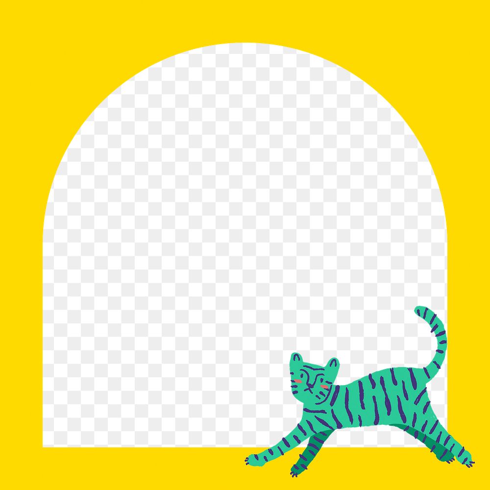 Tiger doodle png frame, transparent background, yellow animal, arched shape