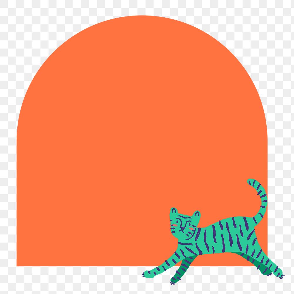 Tiger doodle png frame sticker, orange animal, arched shape