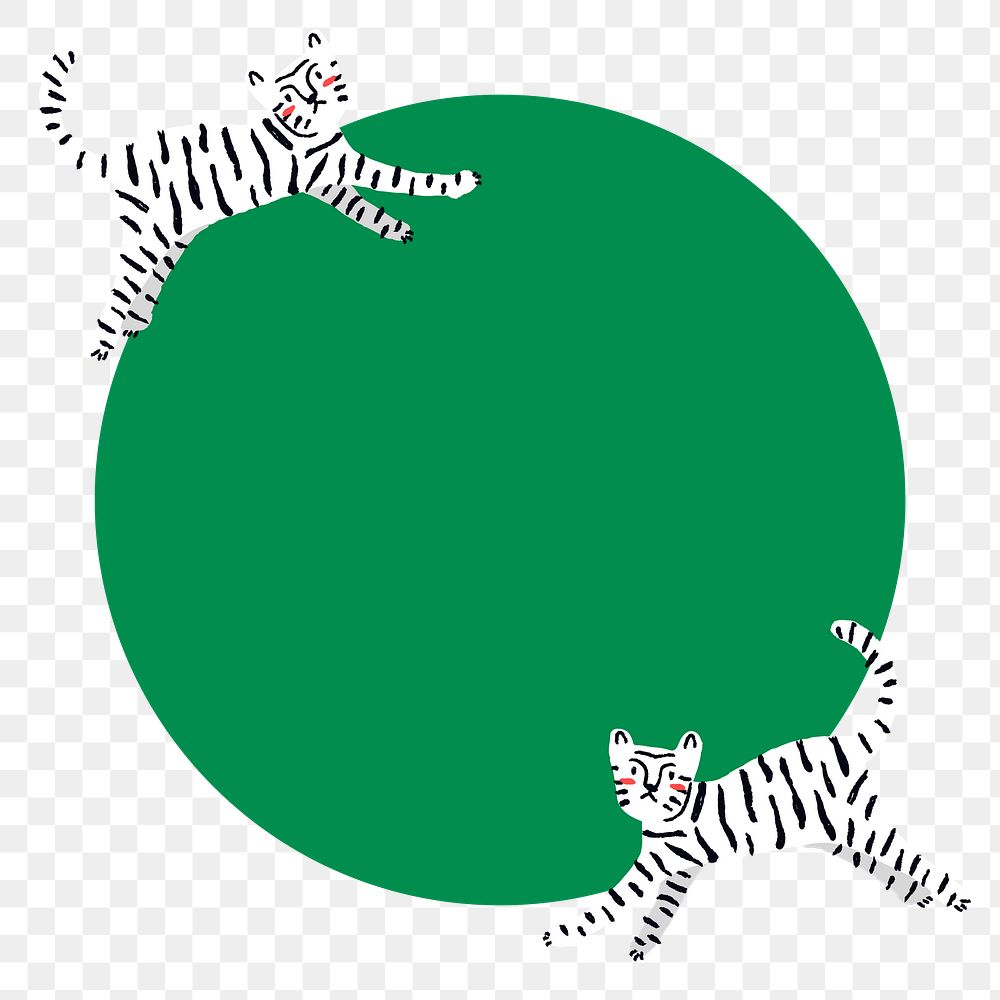 Tiger circle frame sticker, green animal doodle