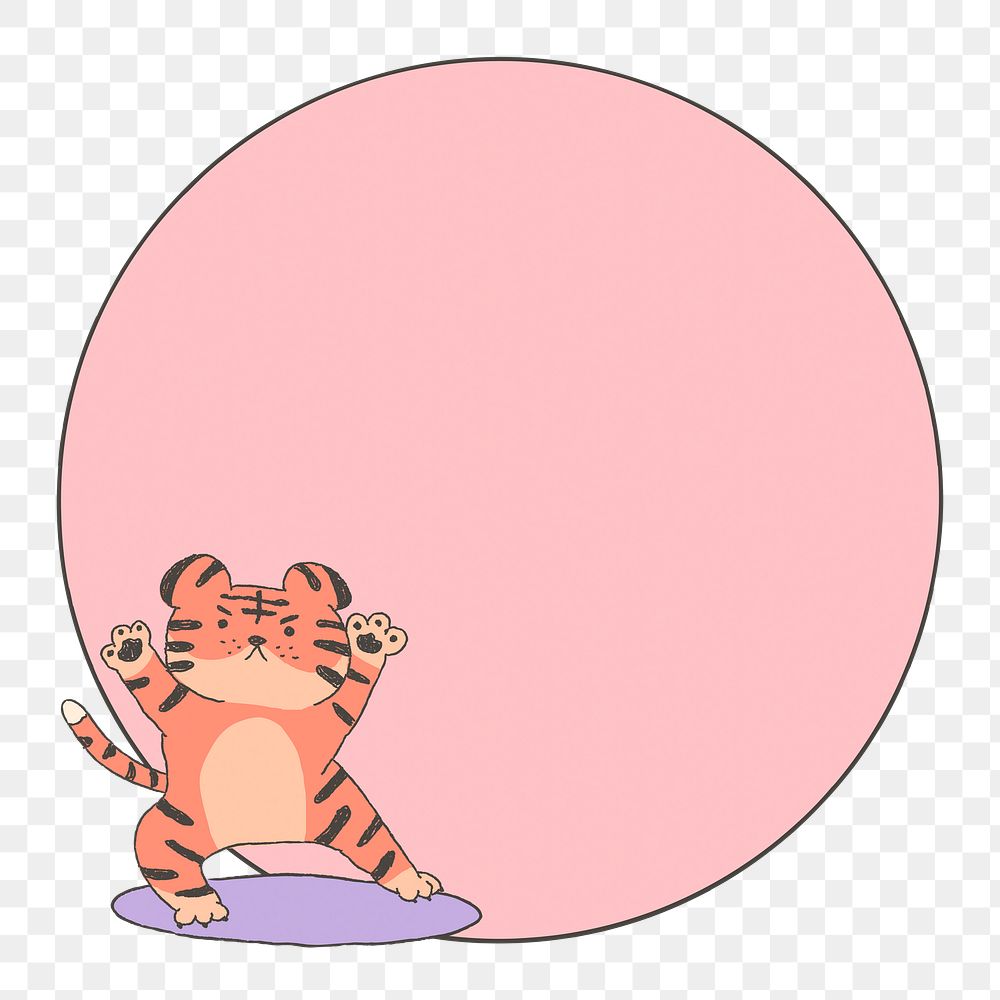 Tiger circle png frame sticker, pink animal doodle