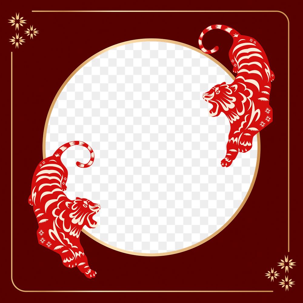 Tiger animal png zodiac frame background, red traditional design