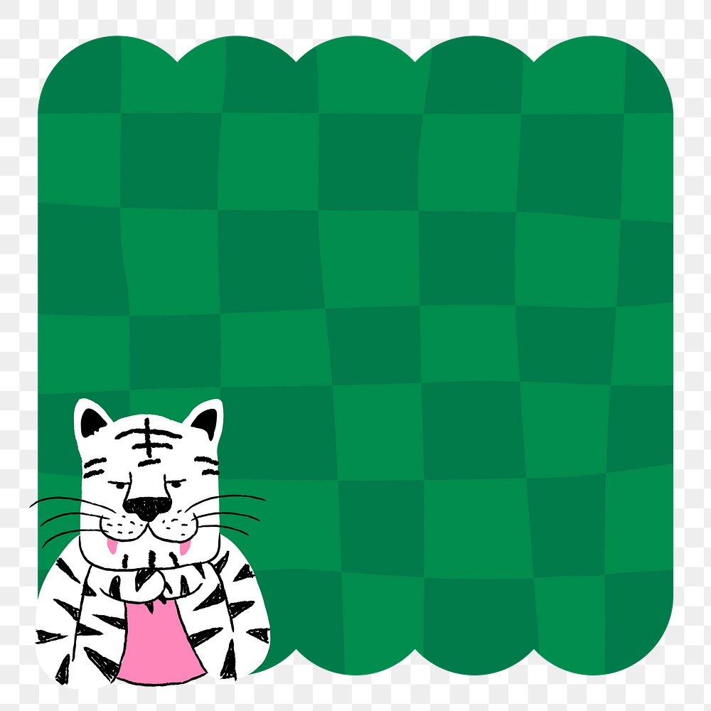Green checkered png frame background sticker, tiger doodle