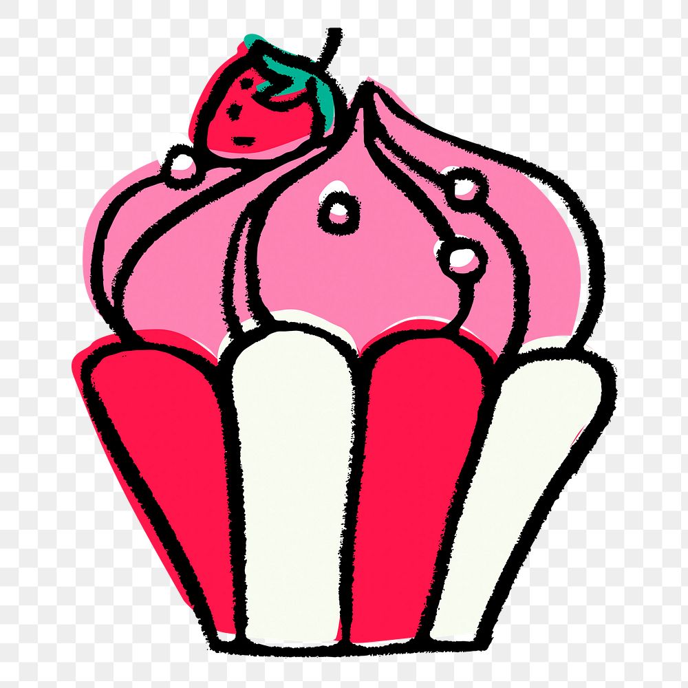 Strawberry cupcake png sticker, dessert doodle on transparent background