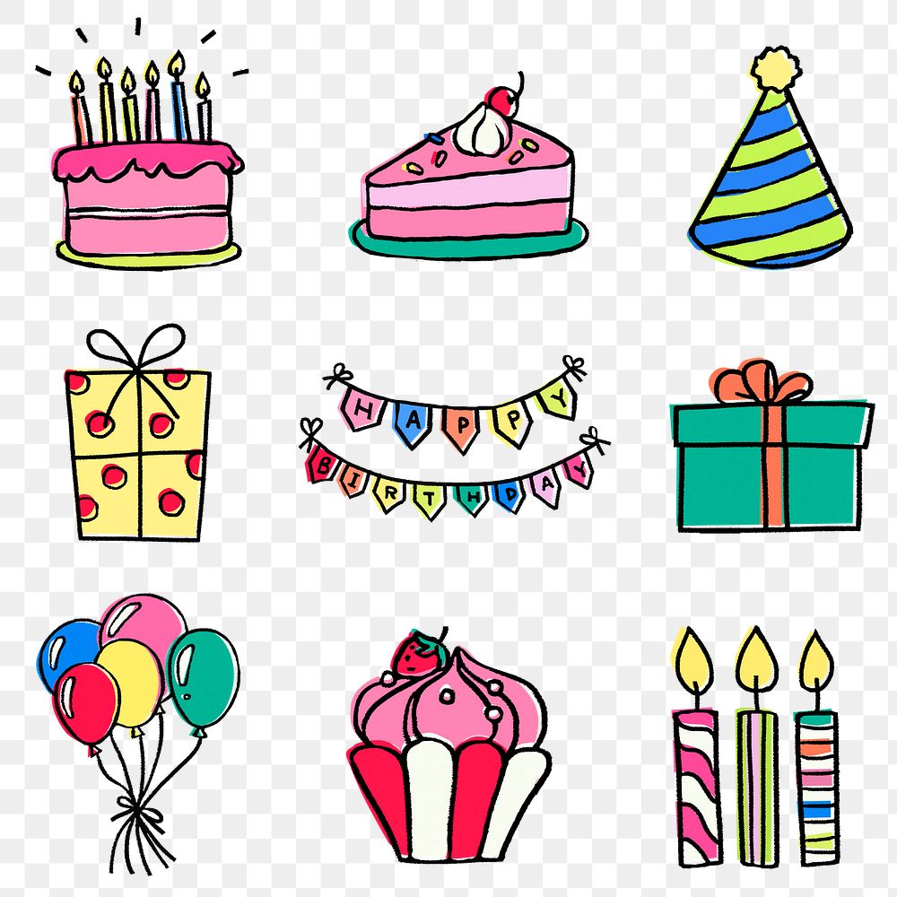 Birthday party png stickers, festive doodle set on transparent background