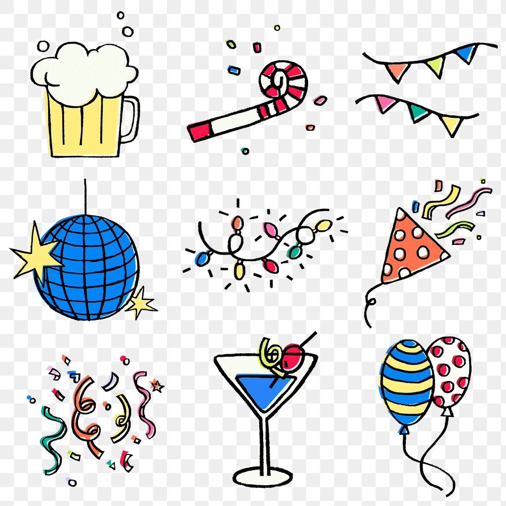 New year png celebration sticker, festive doodle set on transparent background