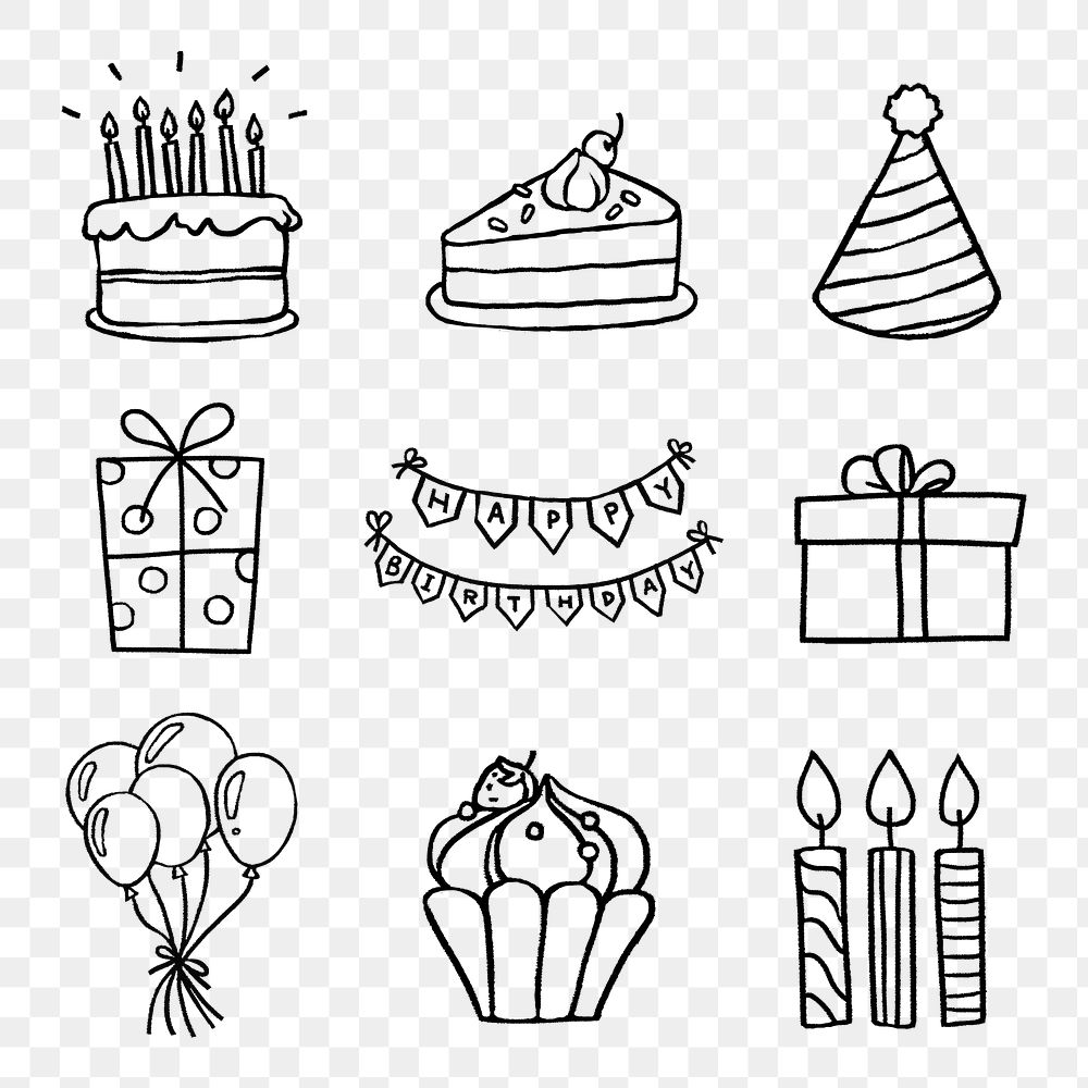 Birthday party png stickers, festive doodle set on transparent background