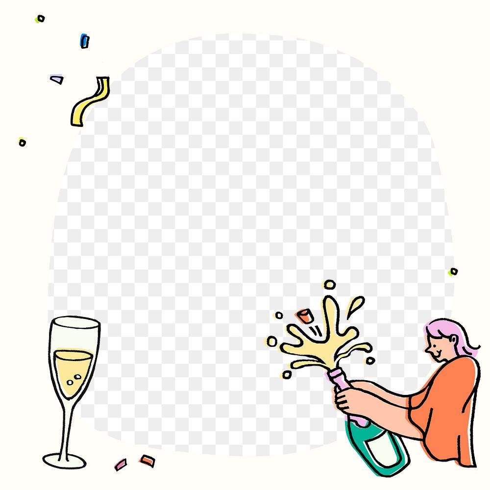 Popping champagne png frame, transparent background, celebration doodle