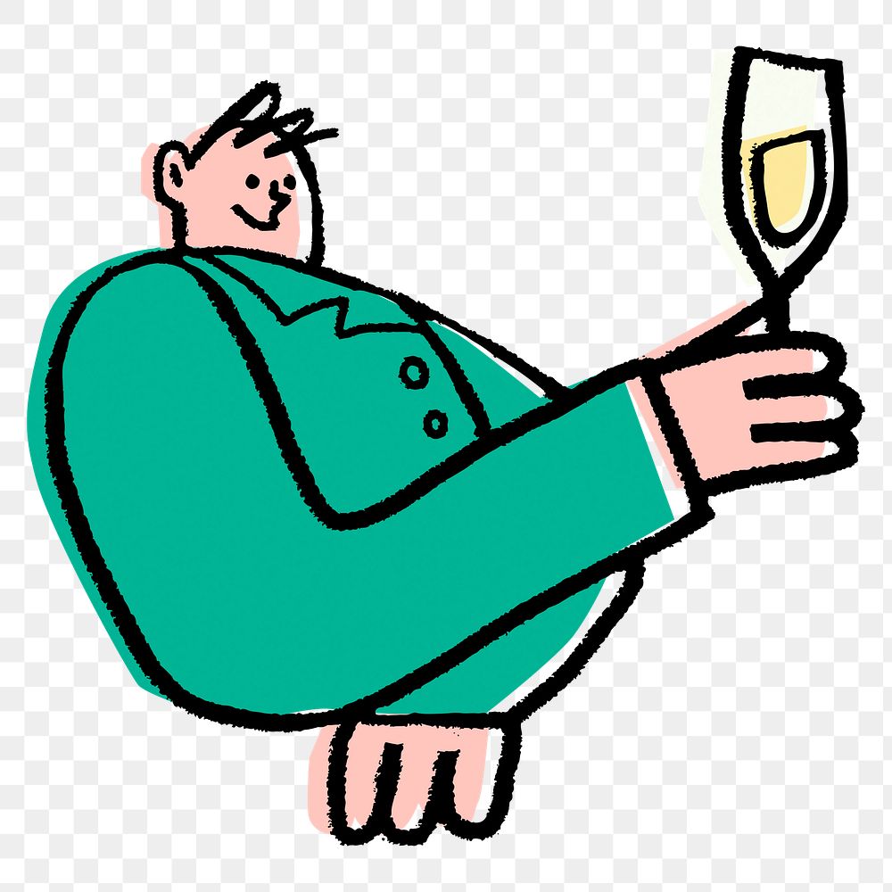 Man png holding champagne glass, doodle illustration collage element